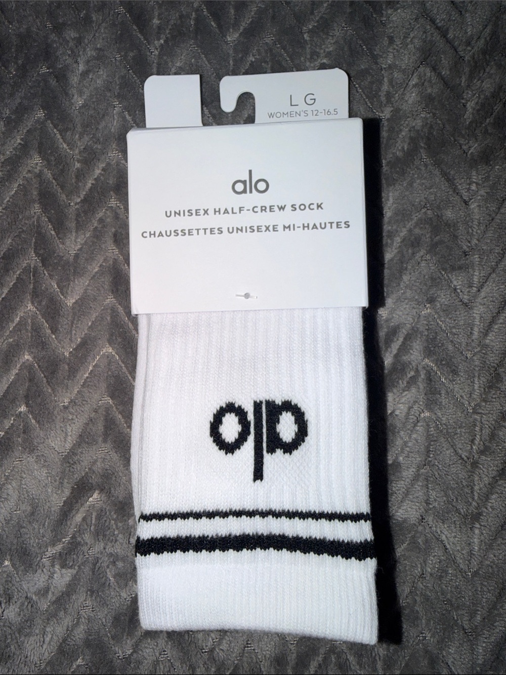 ALO Yoga White Half-Crew Socks with Black Logo & Stripes